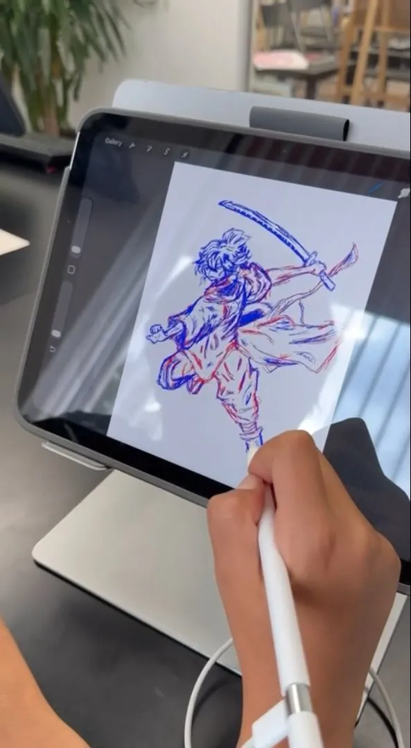 Digital sketch of an anime character being drawn on a tablet