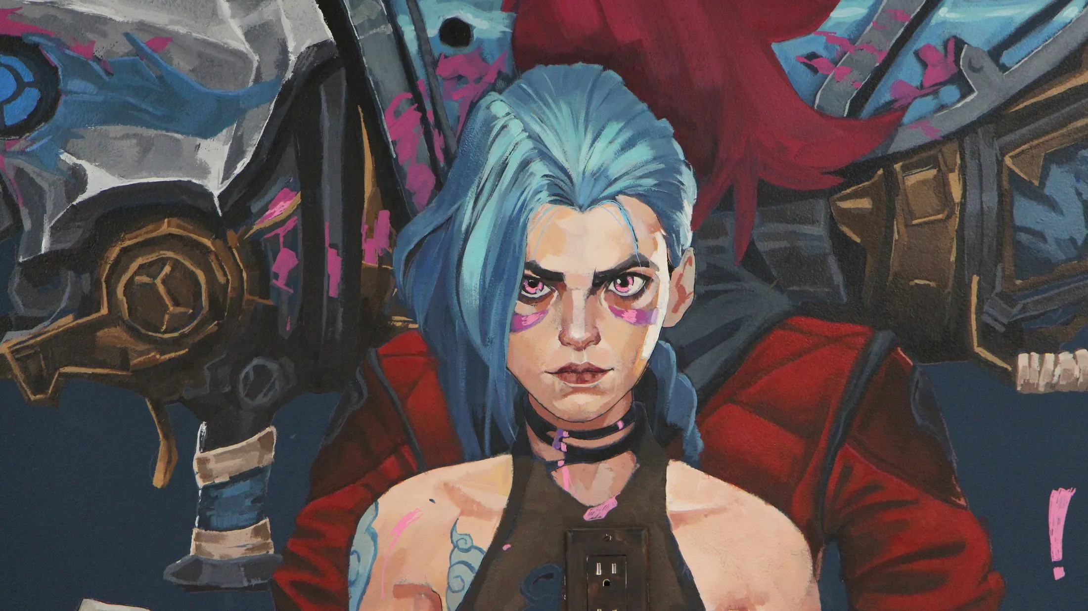 Close-up of the character mural painted on the studio wall