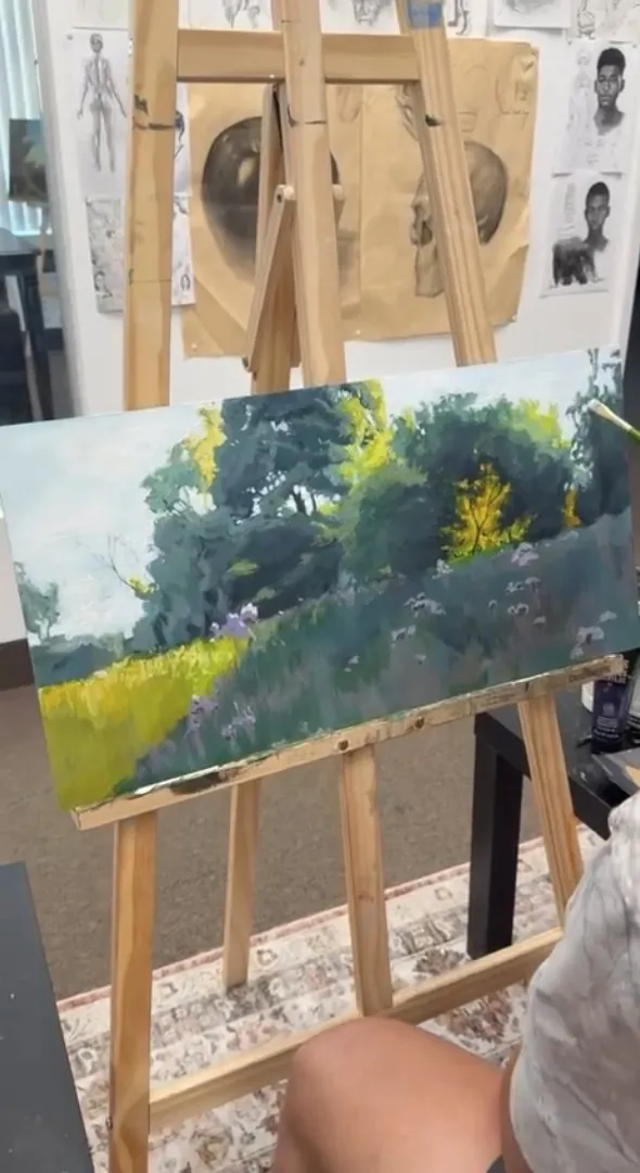 Impressionistic landscape painting in progress
